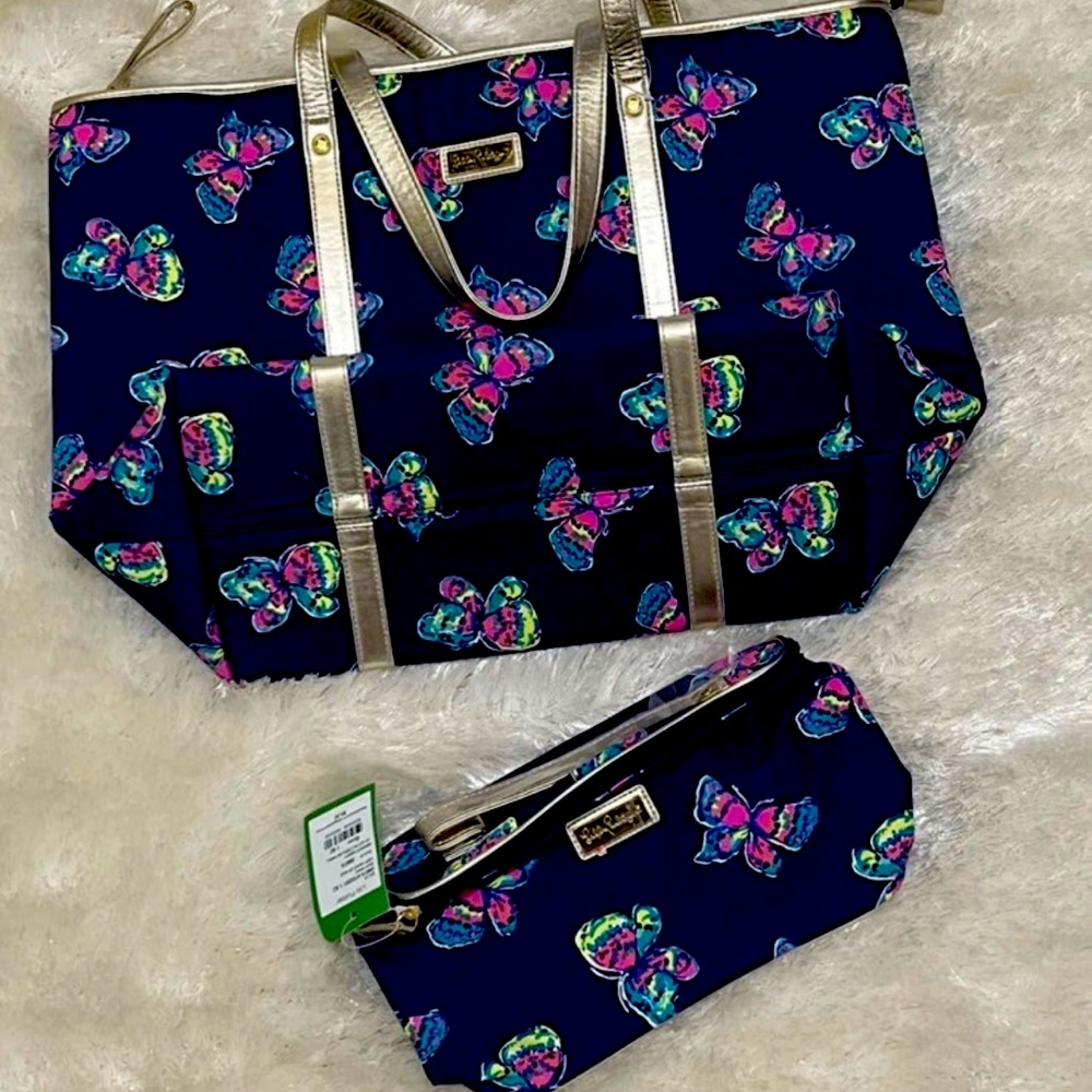 LILLY PULITZER GRAIL SET I'VE GOT BUTTERFLIES TOTE AND SMALL ACCESSORY BAG - Picture 3 of 7